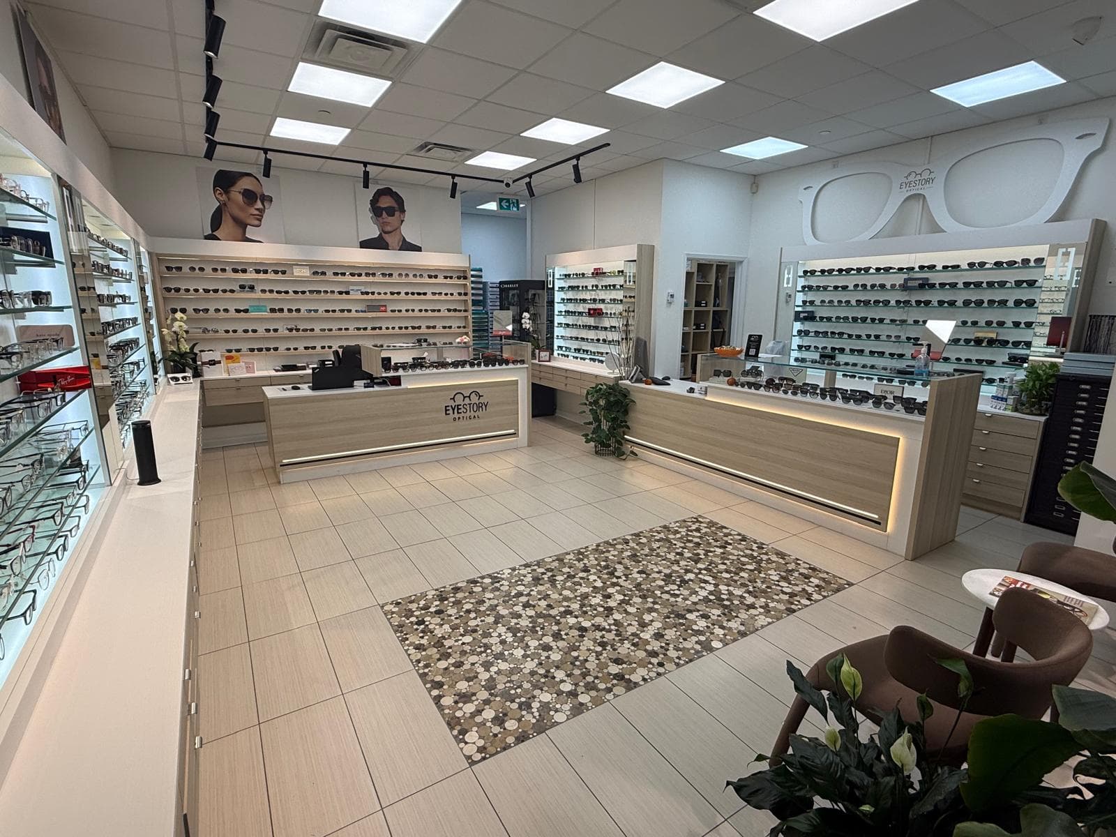 Wide view of the eyewear displays and reception counters at Eye Story Optical